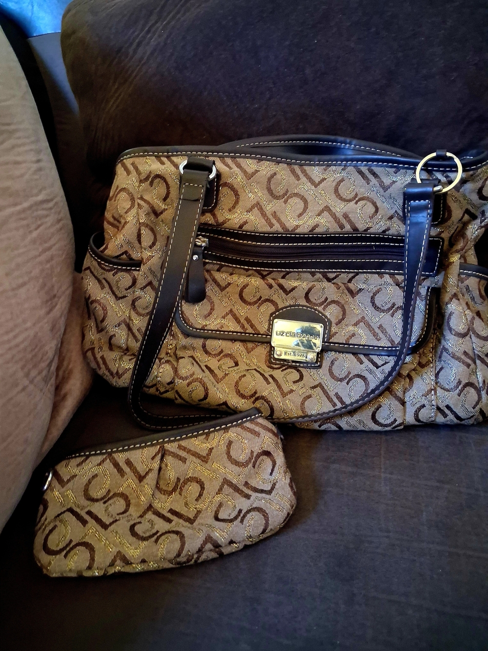 Liz Claiborne Brown Logo-Print Shoulder Bag with Pouch